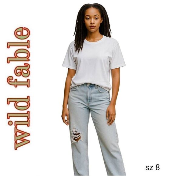 High Rise Dad Jean Recycled Cotton Lightest Wash Ripped Blue Jeans Designer - Picture 1 of 11